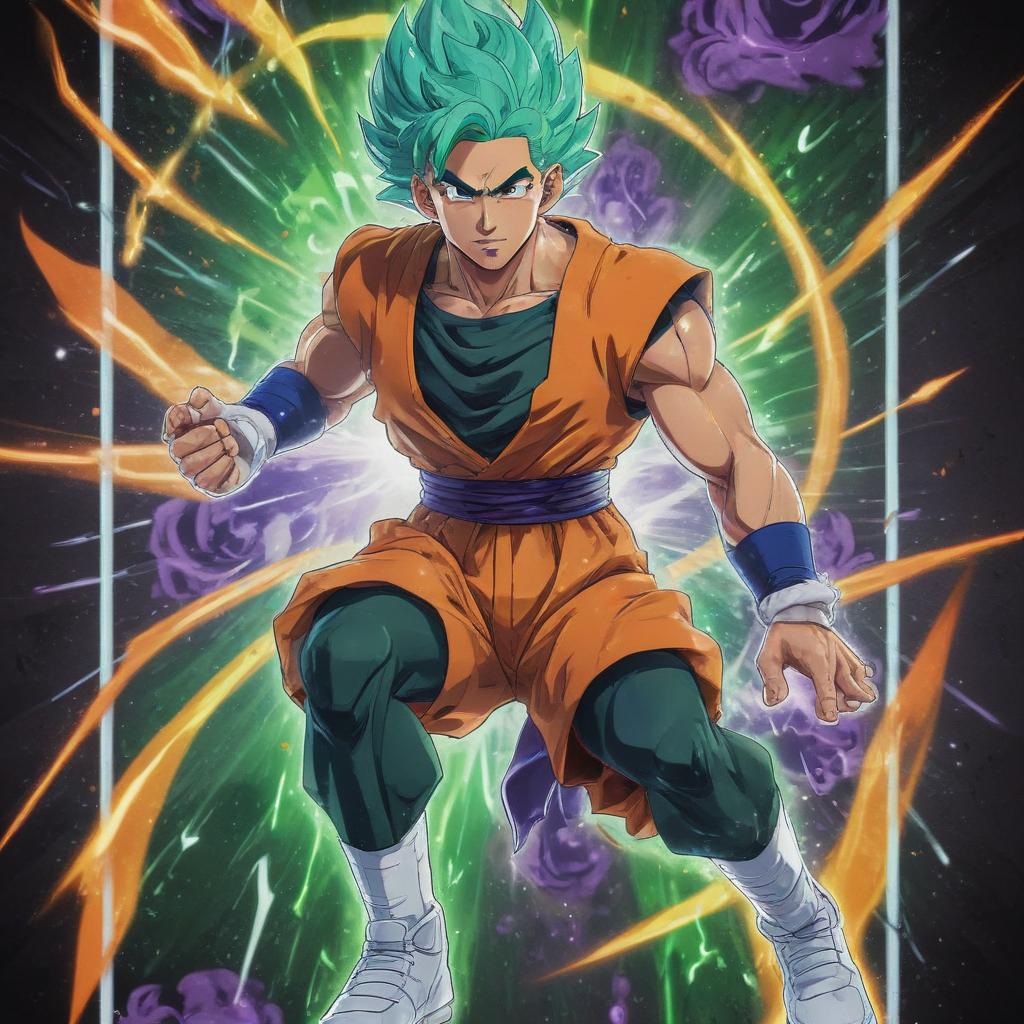 distance-shot, flashy, full-body, dynamic, holographic, animated cartoon poster of jayson tatum in the style of dragon ball super