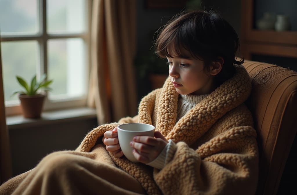  professional detailed photography, a character sitting comfortably in a blanket with a cup of tea, showing the depth of thought ar 3:2, (muted colors, dim colors, soothing tones), (vsco:0.3)