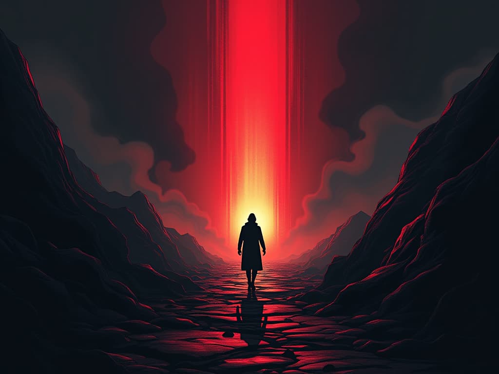  illuminated path, figure walking towards bright future, shadows left behind, sense of hope and fulfillment. the style is digital art illustration / modern comic book / graphic dark novel fantasy and mysterious occult, symbolic, moody lighting, esoteric vibe,high detail on character design. for the color scheme emphasize blacks and reds.