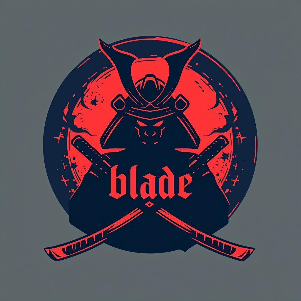  design a logo, emblem logo, with the written text ‘blade’, samurai theme, red and blue.