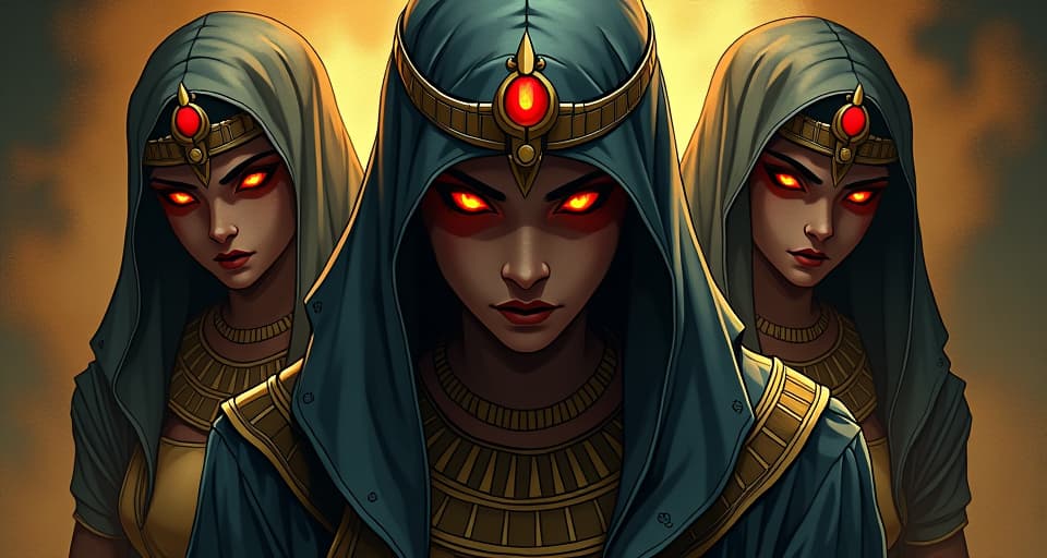  parts they wished hidden, harshly illuminated, dread in their eyes. the style is digital art illustration / modern comic book / mysterious occult, symbolic, esoteric vibe,high detail on character design, incorporating ancient egyptian symbology and attire.