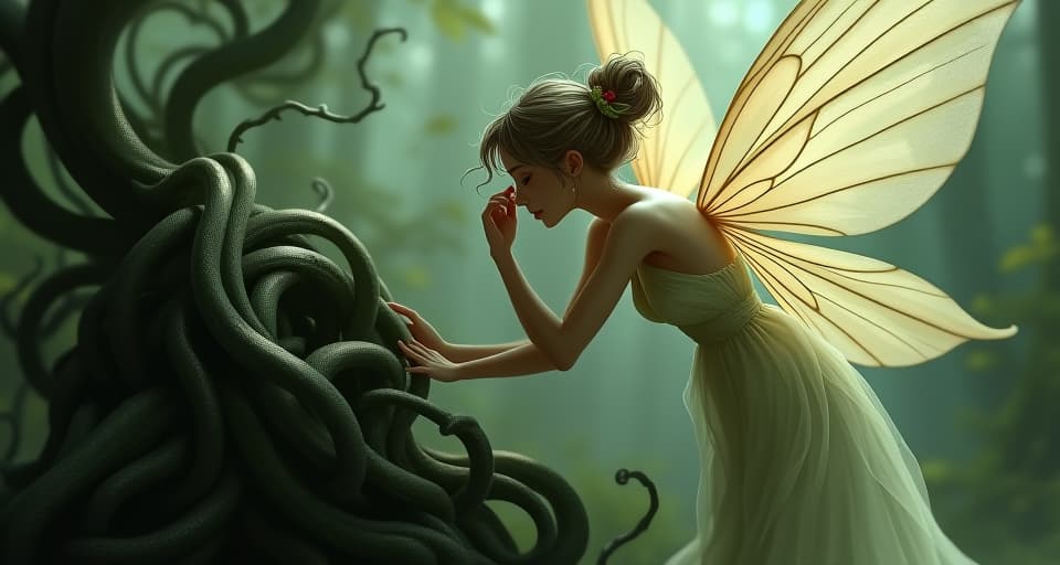  a serene fairy with large, translucent wings, meticulously unraveling a dense cluster of dark, twisted vines. her expression is one of unwavering focus, as she exposes the underlying truth hidden within.. the style is digital art illustration,highly detailed, whimsical,magical, dreamlike atmosphere, realism and fantasy blend, smooth, glossy textures,luminous quality, wonder and enchantment.