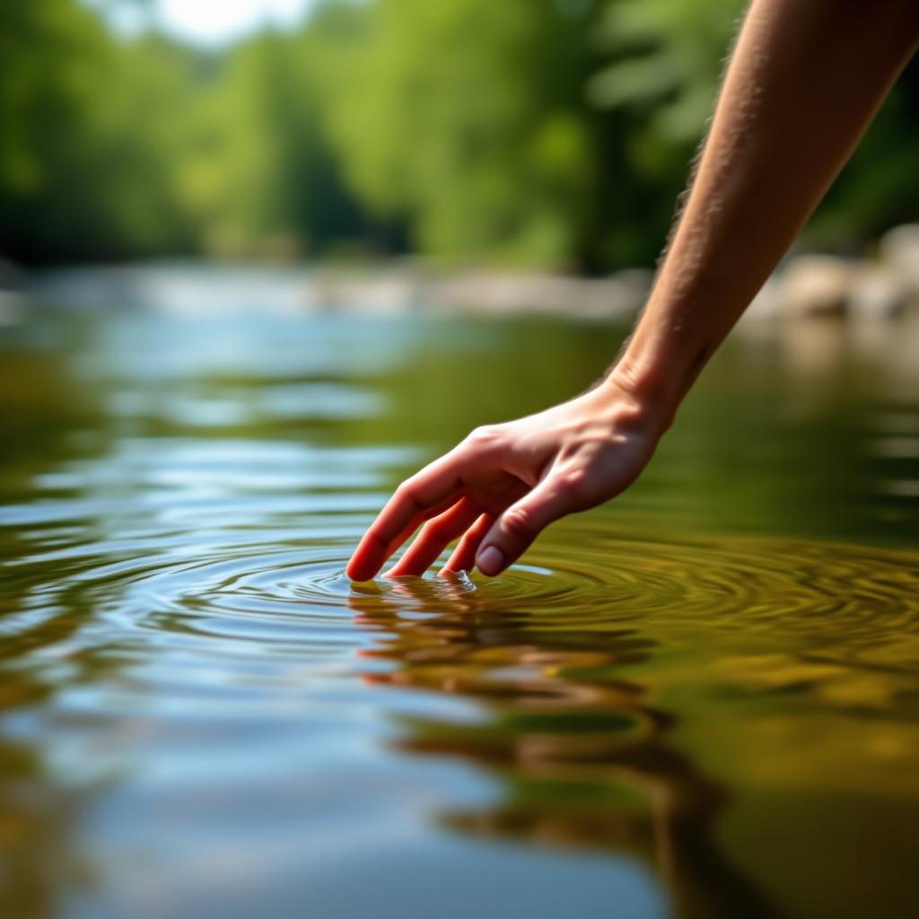  a hand touching the surface of pure green water of the river in nature on a sunny day, symbolic and ecological gesture for conservation of natural resources and preservation of the environment