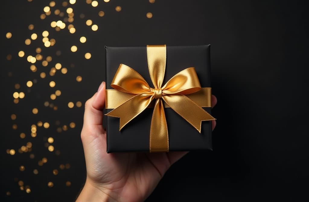  top view photo of hand holding black gift box with golden satin ribbon bow over shiny golden sequins on isolated black background no frame ar 3:2 {prompt}, maximum details