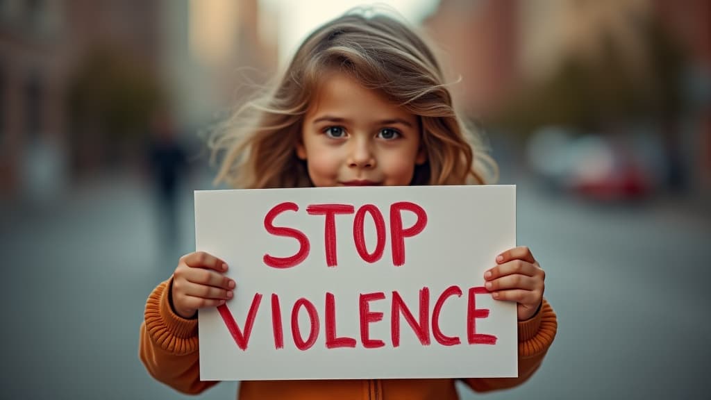  child holds a sign that says stop violence