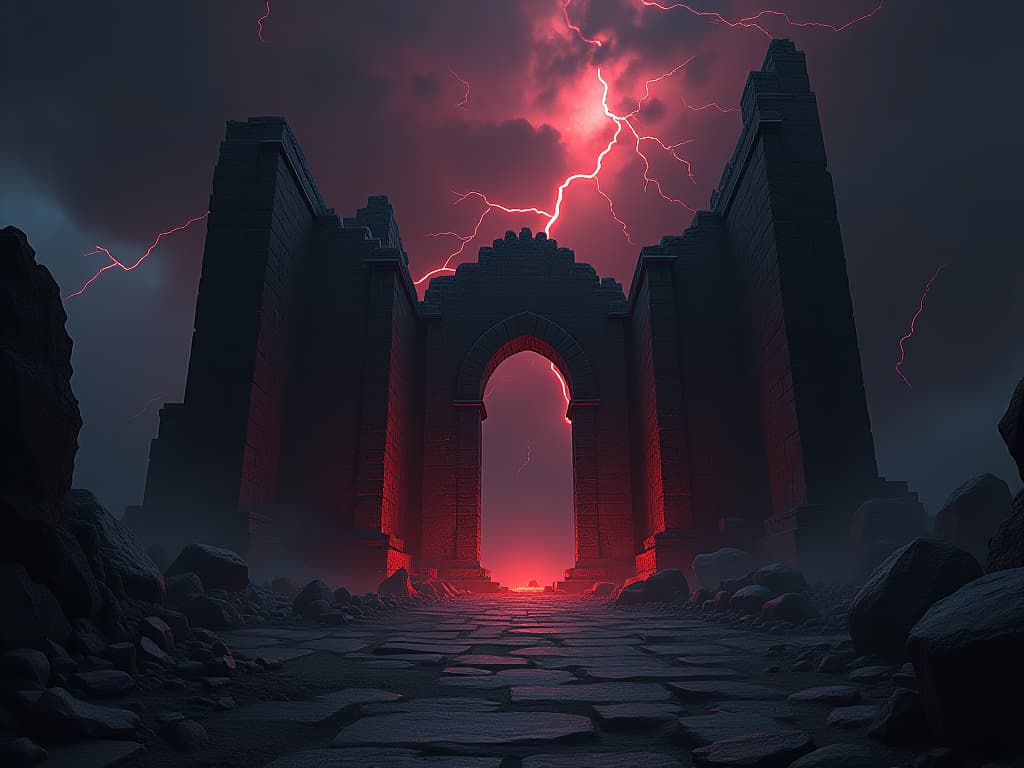  ancient ruins under a dark, stormy sky, illuminated by lightning strikes, debris scattered, ominous atmosphere. the style is dark fantasy and mysterious occult, symbolic, moody lighting, esoteric vibe,high detail on character design. for the color scheme emphasize blacks and reds.