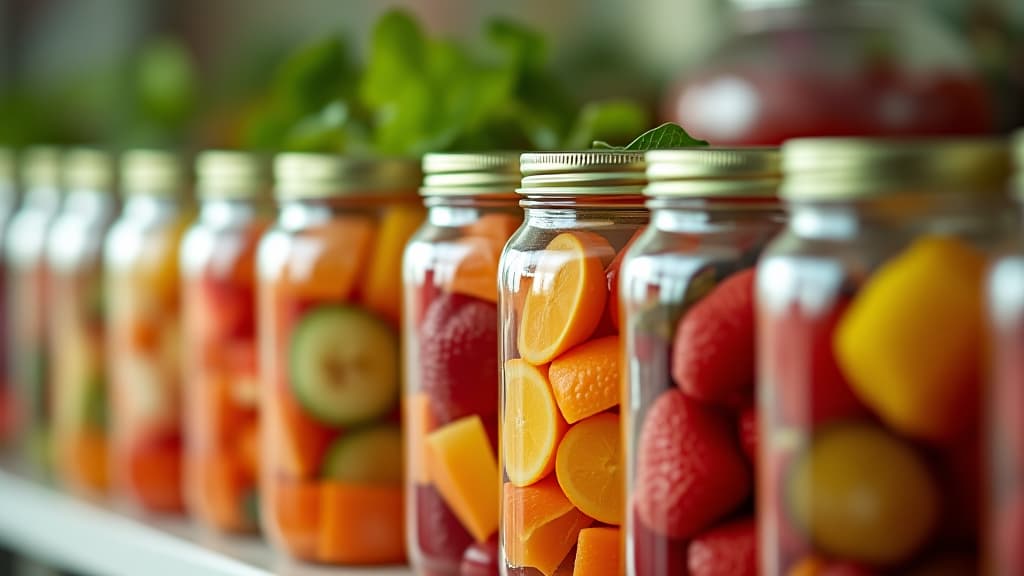  a row of glass jars filled with various fruits and vegetables