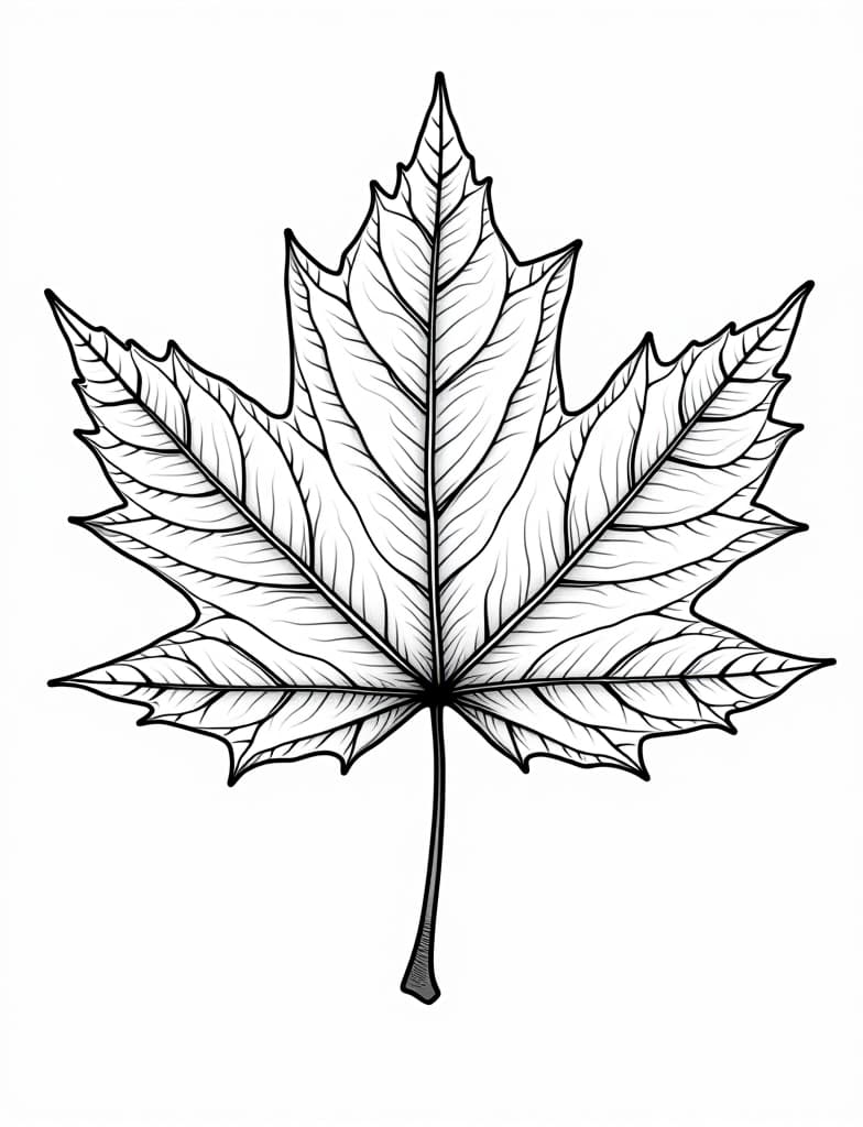  a detailed close up of a maple leaf with intricate veins, black and white line art on a white background, for an adult coloring page.