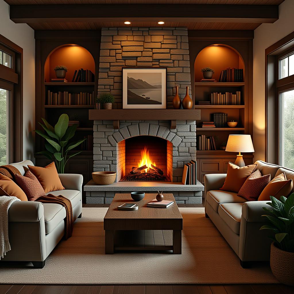  a warm and inviting living room featuring a cozy, roaring fireplace, soft ambient lighting, plush sofas with throw blankets, a rustic coffee table, and a bookshelf filled with books; accents of warm earth tones such as browns, beiges, and oranges, along with a few potted indoor plants for a touch of greenery.