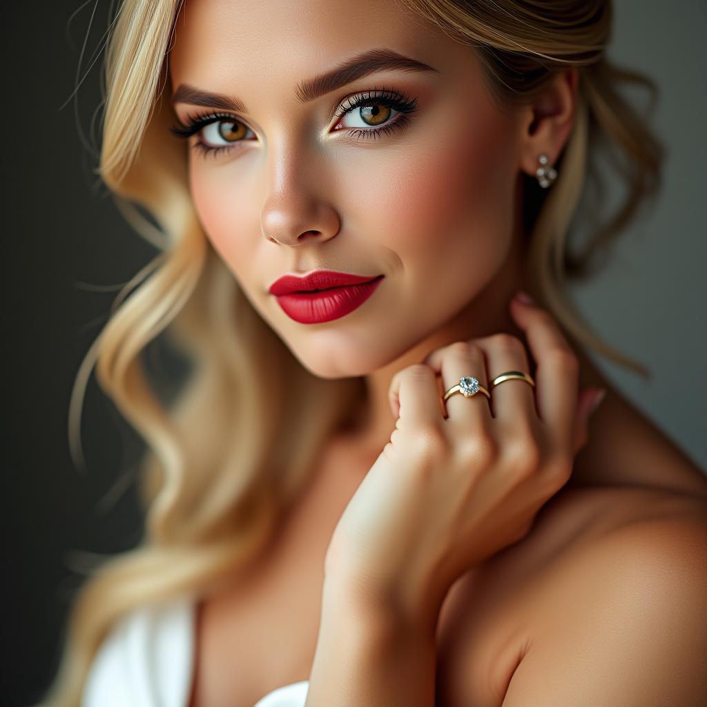  make an image of a woman with blonde hair and brown eyes and red lipstick wearing an engagement ring and wedding band in gold on her right hand wearing a white wedding dress