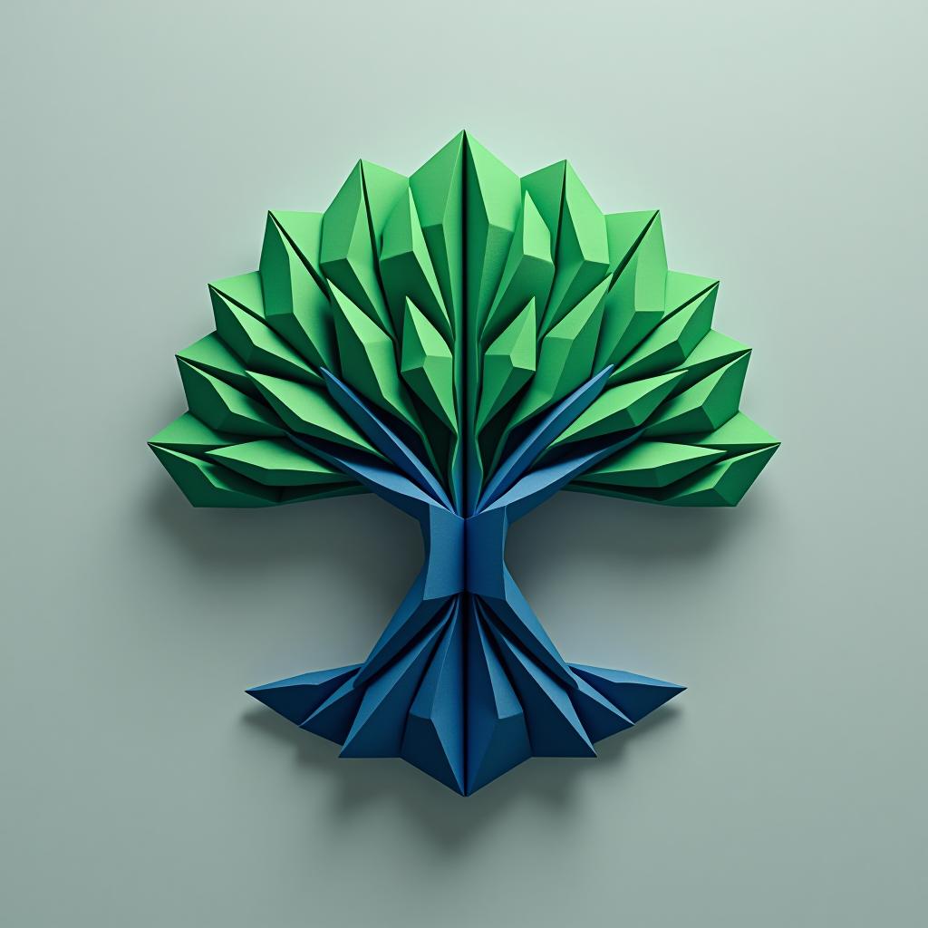  logo, (origami style), logo of a tree, green and blue