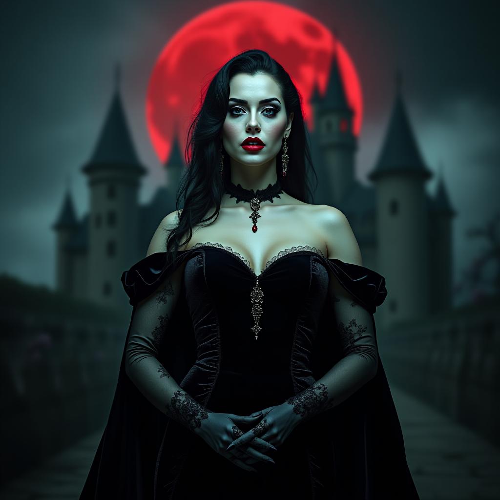  photo of a mesmerizing and powerful voluptuous vampire queen with blood red lips, wearing a black velvet gown and lace gloves, standing in front of a gothic castle under a blood moon. dark, moody lighting, high contrast highlights, gothic, cinematic, sharp focus, hyper realistic, dark elegance.