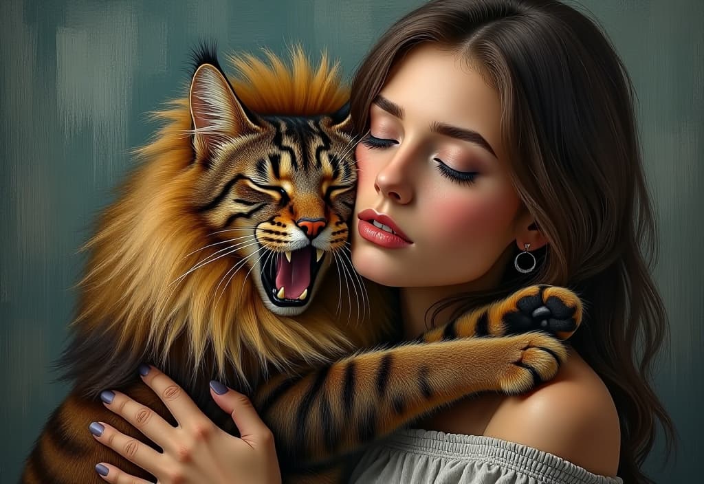  (expressionism painting:1.3) of young tall slim brunette woman holding sad and sleepy dark brown siberian cat yawning, cat is dressed in lion costume, (van gogh style:1.9)