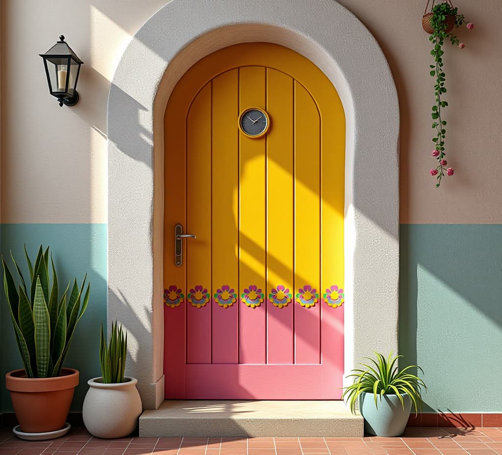  whimsical entrance vibrantly painted door in clean setting lifestyle stock photo