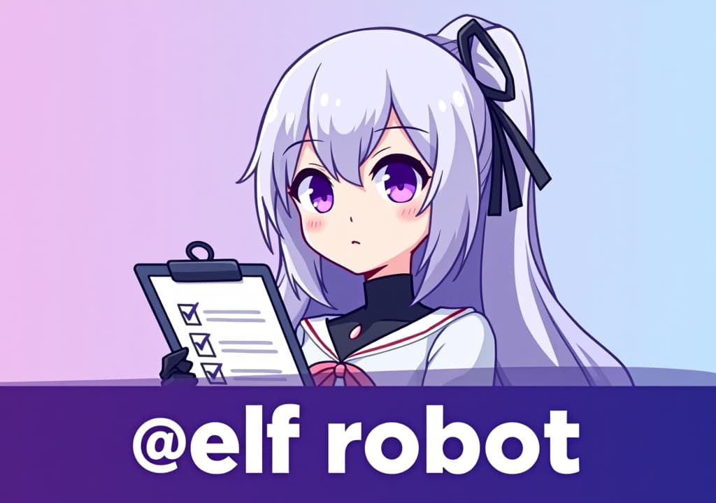  good quality, high quality, a profile picture featuring emilia from re:zero, with her silver hair and purple eyes, holding a stylized clipboard with a checklist. the background is a soft gradient of purple and blue. a bold banner at the bottom reads, "no.1 telegram group management bot @elf robot" in large, white font with a slight drop shadow.