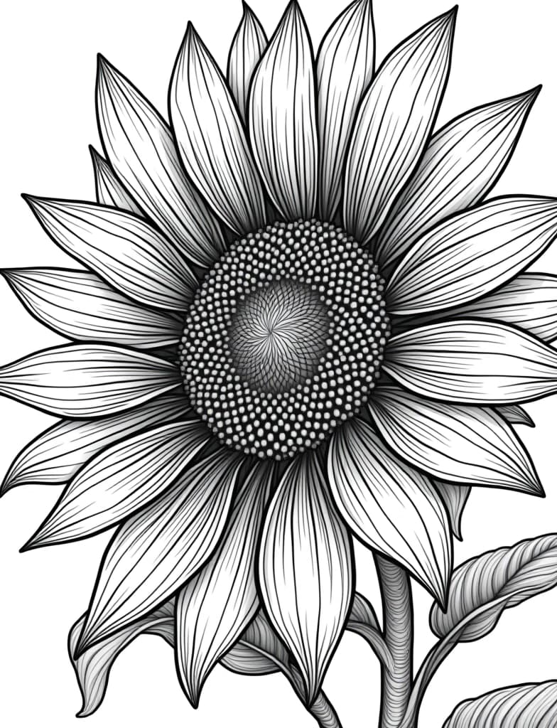  a detailed close up of a sunflower and its seeds, black and white line art on a white background, for an adult coloring page.