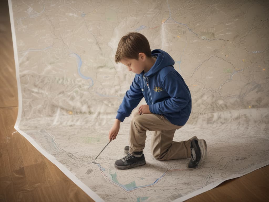 ultra realistic ((ultra realistic ((a child drawing a route on a map and saying 'this is our plan!')))) hyperrealistic, full body, detailed clothing, highly detailed, cinematic lighting, stunningly beautiful, intricate, sharp focus, f/1. 8, 85mm, (centered image composition), (professionally color graded), ((bright soft diffused light)), volumetric fog, trending on instagram, trending on tumblr, HDR 4K, 8K