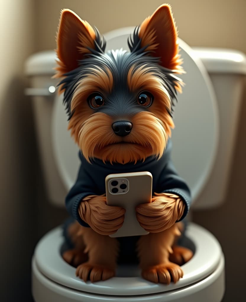  professional 3d model yorkshire terrier, with dark eyes, sitting on the toilet with a phone in his paws, 4k quality, realism . octane render, highly detailed, volumetric, dramatic lighting hyperrealistic, full body, detailed clothing, highly detailed, cinematic lighting, stunningly beautiful, intricate, sharp focus, f/1. 8, 85mm, (centered image composition), (professionally color graded), ((bright soft diffused light)), volumetric fog, trending on instagram, trending on tumblr, HDR 4K, 8K