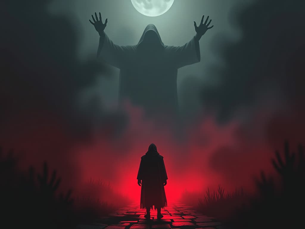  dense fog, shadowy silhouettes moving within, central figure tense and vigilant, ambient unease and looming judgment. the style is dark fantasy and mysterious occult, symbolic, moody lighting, esoteric vibe,high detail on character design. for the color scheme emphasize blacks and reds.