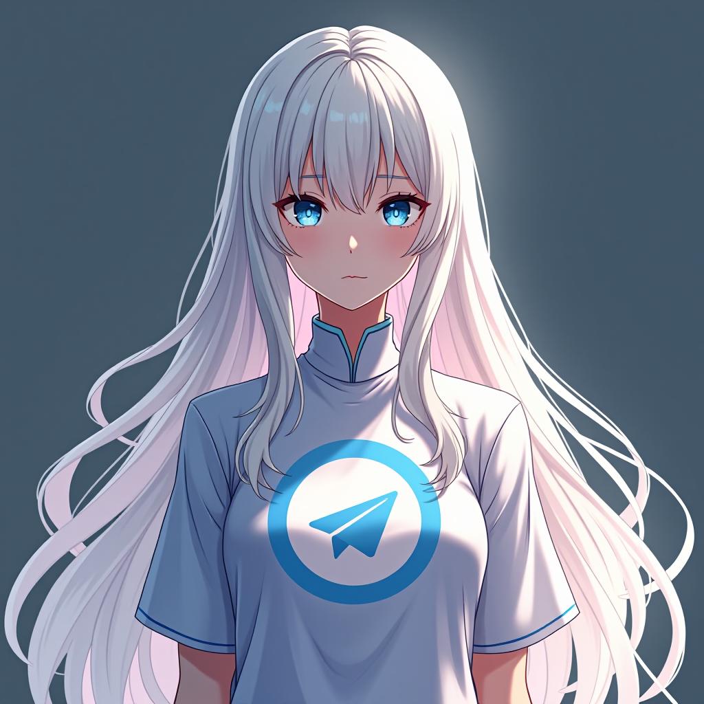  create an image of a character inspired by emilia from re:zero, featuring long white hair and an elegant appearance. the character should be wearing a shirt with the telegram logo, embodying peace and serenity. the design should be background, and include the name 'emilia' in a logo font