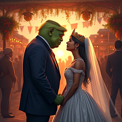  amidst a bustling marketplace, under a canopy of twinkling fairy lights, mape the frog, a loyal supporter of trump, stands at the altar beside a radiant princess. the scene is a whimsical fusion of royalty and political fervor, with mape exuding a mix of determination and admiration. the princess, adorned in an opulent gown, gazes lovingly at mape, showcasing a blend of regal grace and genuine affection. the setting is aglow with the warm hues of sunset, casting a magical ambiance over the ceremony. speech bubbles filled with heartfelt vows and cheers of support float around the couple, capturing the essence of this unique union. the comic book style brings this enchanting moment to life, with bold outlines emphasizing hyperrealistic, full body, detailed clothing, highly detailed, cinematic lighting, stunningly beautiful, intricate, sharp focus, f/1. 8, 85mm, (centered image composition), (professionally color graded), ((bright soft diffused light)), volumetric fog, trending on instagram, trending on tumblr, HDR 4K, 8K