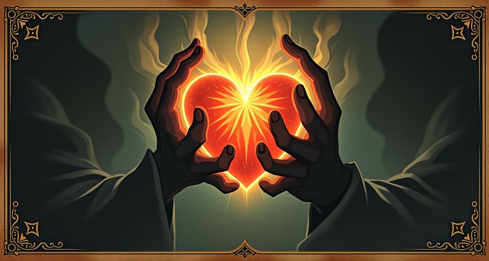  a glowing heart with light radiating out, surrounded by creeping shadows, symbol of invincibility, light against darkness. an illustration in the style of a worn, mystical old tarot trump card, mysterious and elements of surrealism. the colors are muted, somber and eerie, but with contrast bring out an occult and esoteric vibe.