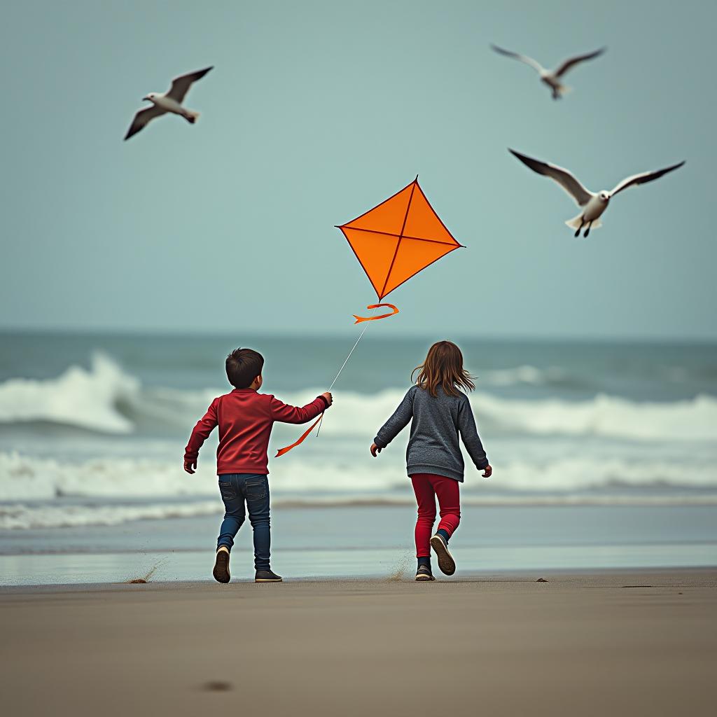  two children playing with a kite on a windy beach, with seagulls flying overhead hyperrealistic, full body, detailed clothing, highly detailed, cinematic lighting, stunningly beautiful, intricate, sharp focus, f/1. 8, 85mm, (centered image composition), (professionally color graded), ((bright soft diffused light)), volumetric fog, trending on instagram, trending on tumblr, HDR 4K, 8K