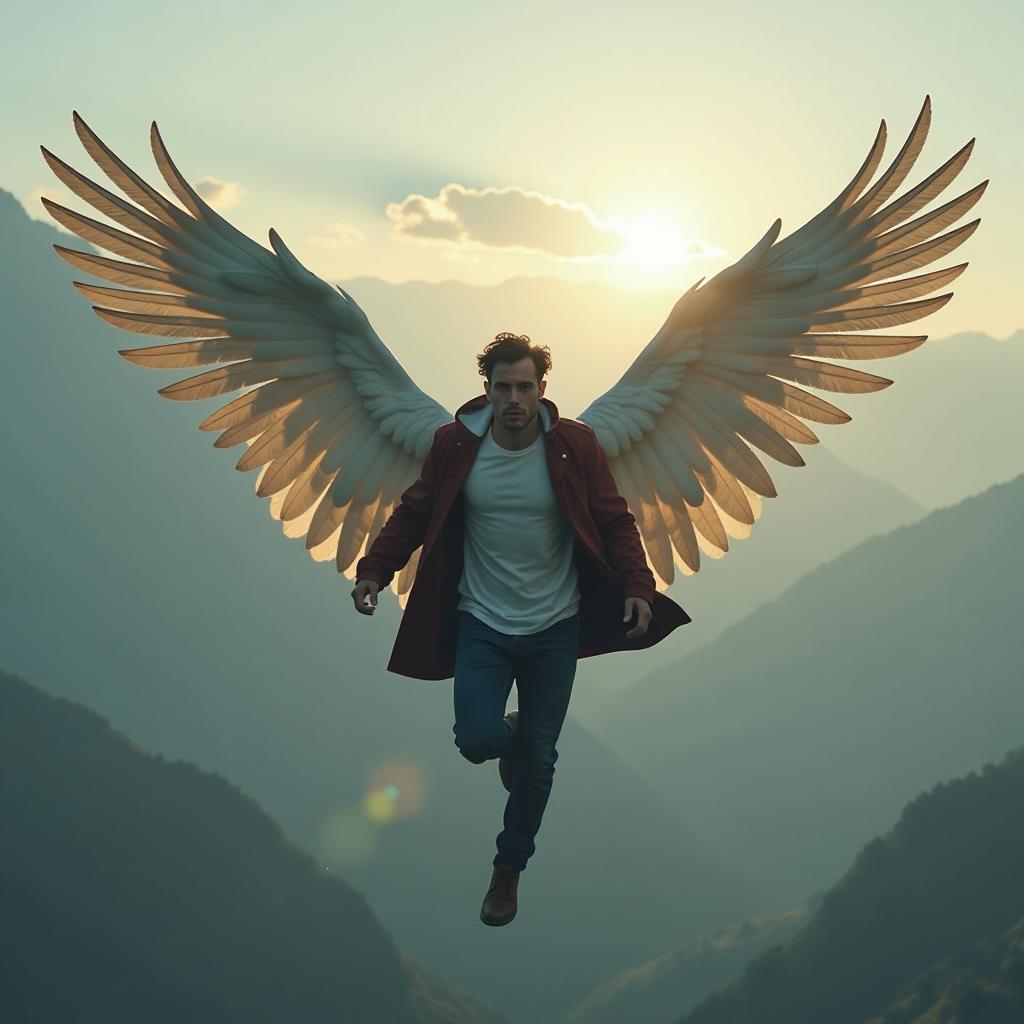  a man is flying on wings. hyperrealistic, full body, detailed clothing, highly detailed, cinematic lighting, stunningly beautiful, intricate, sharp focus, f/1. 8, 85mm, (centered image composition), (professionally color graded), ((bright soft diffused light)), volumetric fog, trending on instagram, trending on tumblr, HDR 4K, 8K