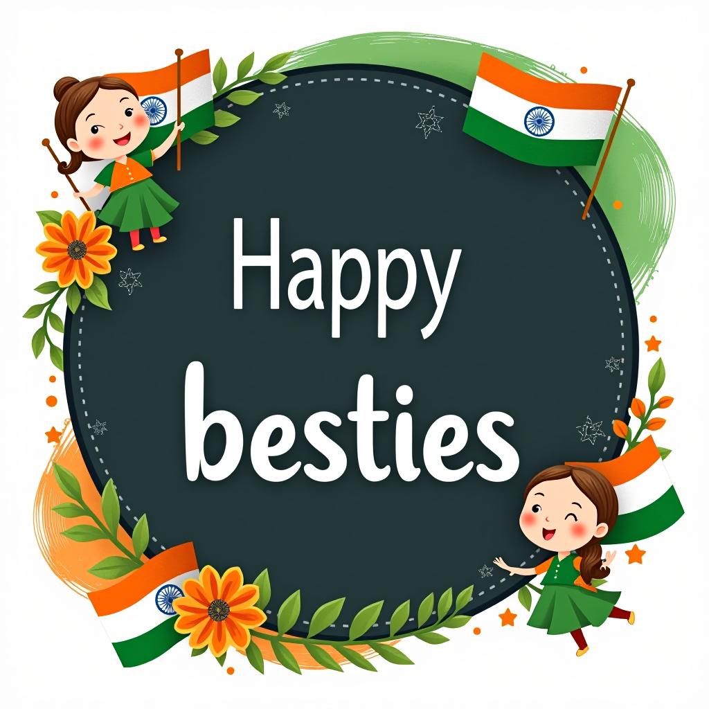  design a festive and cheerful profile picture logo for a group named 'besties' to celete independence day in india. the logo should include vint colors ociated with the indian flag (saffron, white, and green) and feature a cute and in the corners, dressed in traditional indian attire or holding small flags. the central part of the logo should have 'besties' written in a fun, font. add subtle independence day elements, like a backdrop of fireworks or the ashoka chakra, to emphasize the celetion. the overall design should be lively, engaging, and full of patriotic spirit