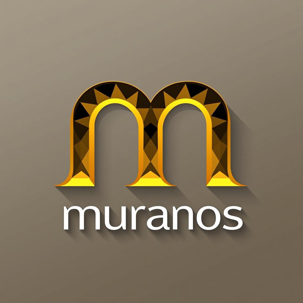  design a logo, logotipo con una letra “m” mayúscula inspirada en una gema de muranos color dorado, with the text 'muranos '.