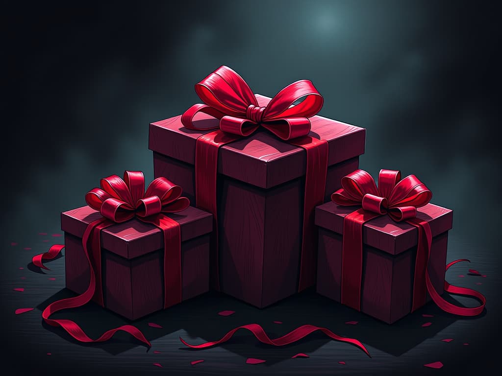  beautifully wrapped gift boxes, adorned with ribbons, sinister aura, hidden malice. the style is digital art illustration / modern comic book / graphic dark novel fantasy and mysterious occult, symbolic, moody lighting, esoteric vibe,high detail on character design. for the color scheme emphasize blacks and reds.