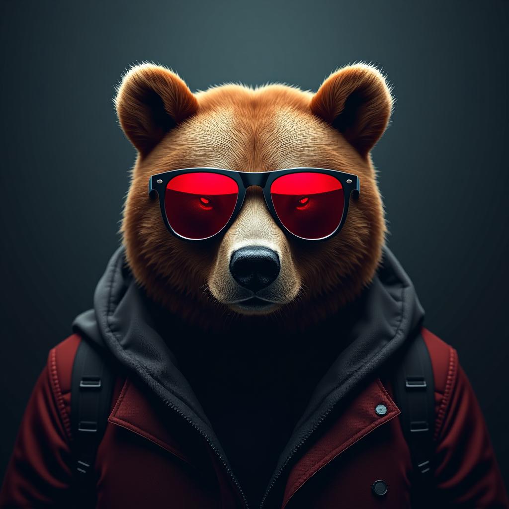  design a logo, a bear with glasses with red mirrored lenses , with the text 'resultados dark'. hyperrealistic, full body, detailed clothing, highly detailed, cinematic lighting, stunningly beautiful, intricate, sharp focus, f/1. 8, 85mm, (centered image composition), (professionally color graded), ((bright soft diffused light)), volumetric fog, trending on instagram, trending on tumblr, HDR 4K, 8K