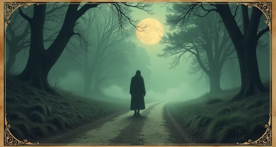  a figure at a crossroads, paths shrouded in mist, sense of missed opportunity, looming fog, ethereal, regretful. an illustration in the style of a worn, mystical old tarot trump card, mysterious and elements of surrealism. the colors are muted, somber and eerie, but with contrast bring out an occult and esoteric vibe.