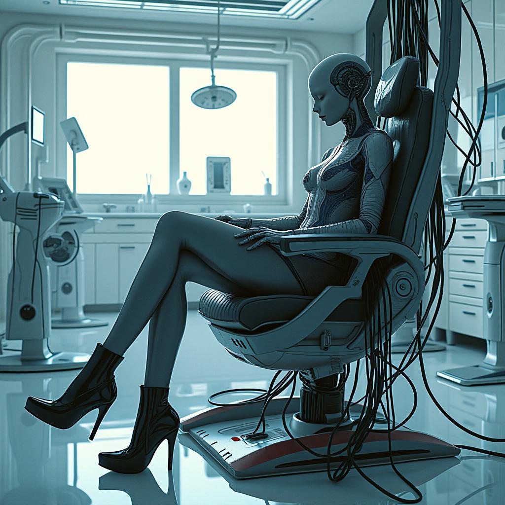  cybernetic robot hdr foto, far shot, pale grayshine mythp0rt a very thin a faceless cyborg super skinny long legs elegant laces boots with super extra high platform and thin super long heels and short tight transparent deep black reflected color pvc clothing transparent color vinyl clothing prismatic holographic chromatic aberration short unoned raincoat with prints reclines in a cyber throne entwined with very power cables and wires with mechanical parts; wires come from above the seaborg into the head in a bright white room dentist's office power cables everywhere, top rear half side ultra high angle view 4k, of organic and mechanical elements, futuristic cybe rnetics, human machine fusion, dystopian, organic meet