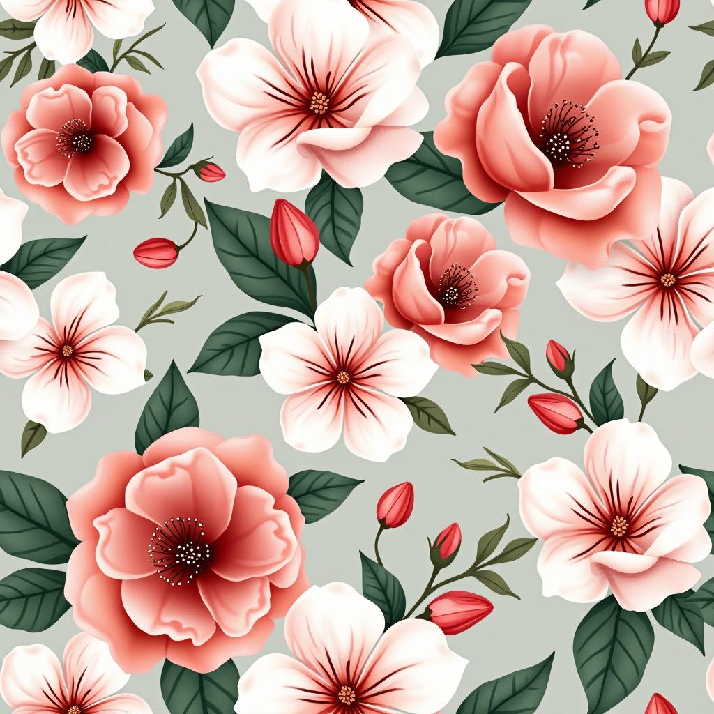  create a seamless digital design featuring a pattern of large, beautiful flowers with soft, watercolor like effects. the flowers should cover the entire surface, creating a bold, elegant, and continuous look. the overall style should be light and airy, with delicate leaves and petals to enhance the natural, floral theme. the design should be seamless to ensure it can be used in repeating patterns or wraps.