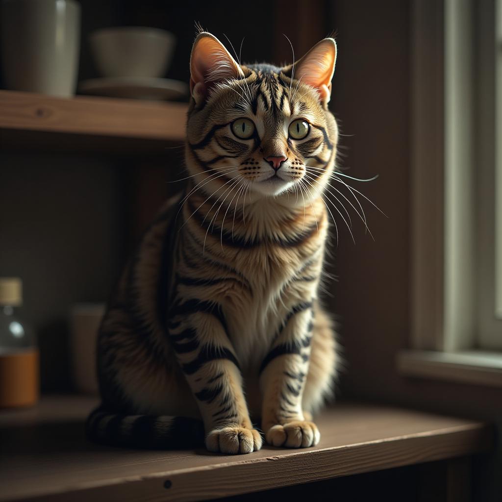  cat on the shelf. hyperrealistic, full body, detailed clothing, highly detailed, cinematic lighting, stunningly beautiful, intricate, sharp focus, f/1. 8, 85mm, (centered image composition), (professionally color graded), ((bright soft diffused light)), volumetric fog, trending on instagram, trending on tumblr, HDR 4K, 8K