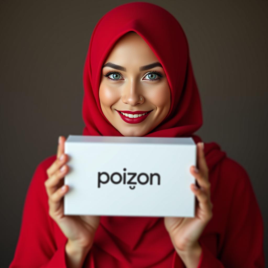  a muslim woman with blue eyes in red holding a box from the poizon website.