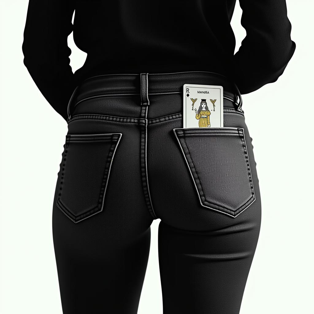  you are a professional photographer. take a photo of the manara tarot card sticking out of the back pocket of a girl's jeans, standing with her back facing the camera. her head is not visible, only the silhouette.