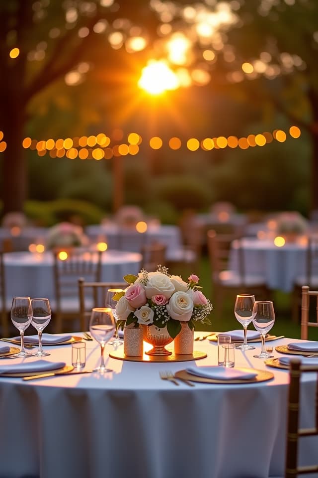  a luxurious outdoor wedding setup at sunset, featuring elegantly decorated tables with white linens, golden cutlery, and floral centerpieces in pastel colors. the background showcases a serene garden with fairy lights hanging from trees, creating a romantic and enchanting atmosphere. the image should have a warm, golden glow, capturing the essence of a perfect evening event. the style should be high end and sophisticated, with a focus on elegance and attention to detail.ensure all images are clear, detailed, contains no text and no deformities. realistic, highly detailed, photorealistic, cinematic lighting, intricate, sharp focus, f/1.8, 85mm, (centered image composition), (professionally color graded), ((bright soft diffused light)), hdr 4