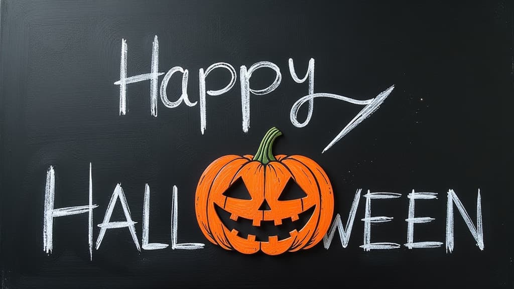  on a black board, a pumpkin with a cut out face is drawn in white chalk between the letters “happy halloween” ar 16:9 {prompt}, maximum details