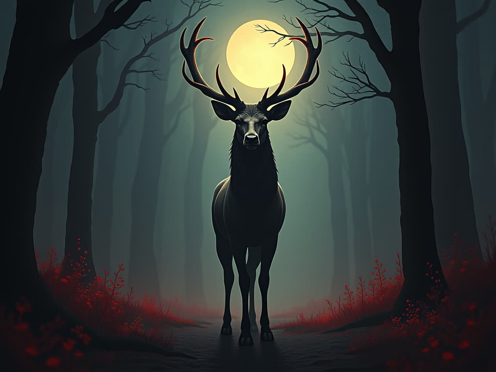  a majestic stag with glowing antlers in an enchanted forest, symbols of integrity and nobility around, moonlight casting dappled shadows, an aura of peace and honor.. the style is dark fantasy and mysterious occult, symbolic, moody lighting, esoteric vibe,high detail on character design. for the color scheme emphasize blacks and reds.