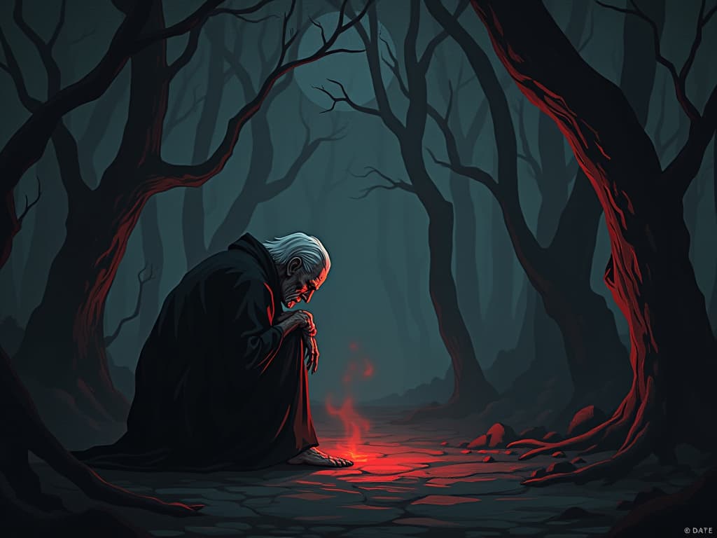  an aged, weary figure, hunched over, sitting at a crossroads in a dense, dark forest. the trees are gnarled and twisted, casting long, eerie shadows. the figure's face reflects profound sorrow and regret, illuminated by a faint, ghostly light.. the style is dark fantasy and mysterious occult, symbolic, moody lighting, esoteric vibe,high detail on character design. for the color scheme emphasize blacks and reds.