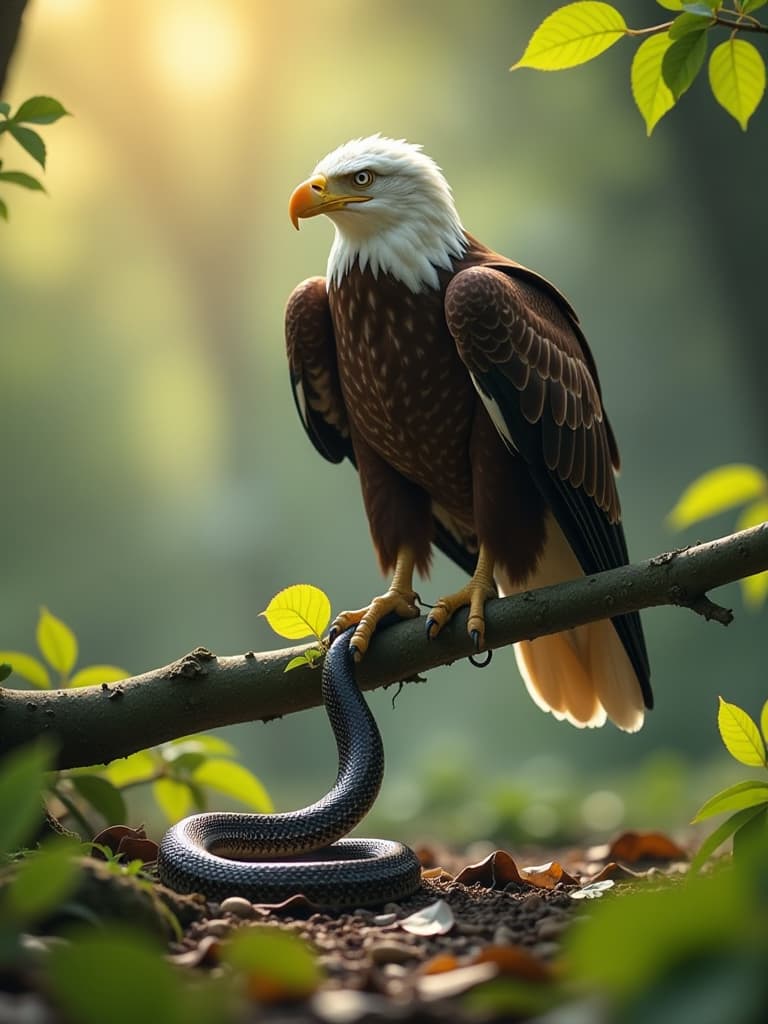  the eagle perches victoriously on a branch, talons gripping the defeated snake, which lies motionless on the ground below, the sunlight streaming through the leaves. camera settings: iso 200, f/5.6, 1/1250 sec. hyperrealistic, full body, detailed clothing, highly detailed, cinematic lighting, stunningly beautiful, intricate, sharp focus, f/1. 8, 85mm, (centered image composition), (professionally color graded), ((bright soft diffused light)), volumetric fog, trending on instagram, trending on tumblr, HDR 4K, 8K