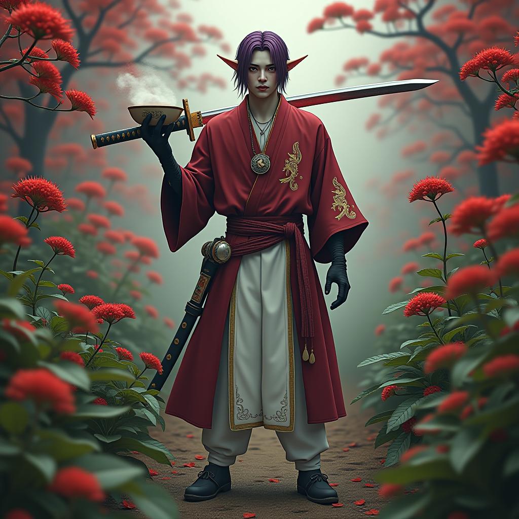  horror themed ringo stands full length in the middle of a clearing surrounded by flowering red licorices, in his left hand ringo holds a wide bowl of sake, filled to the brim with alcohol, and in his right a boarding sword, which he threw over his right shoulder. behind his belt is a bottle of sake. ringo doctor who wears short tight black latex medical gloves is depicted in full growth a young mature dark male elf with marble white skin, purple scarlet hair, ringo wears a disheveled hairstyle of medium length, pointed ear tips, lavender red eyes, wears a burgundy shirt with gold embroidery, in addition, he wears a white tight doctor's robe of snake skin on the legs of his trousers, also wears a medium sized red skin. around his neck i