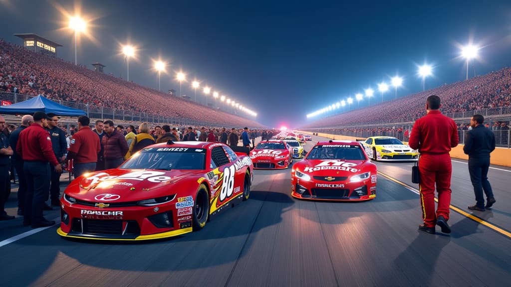  generate an ultra realistic image capturing the electric atmosphere of the nascar cup series 2024 starting grid. show a dynamic scene with top drivers like ryan blaney, skilled rookies, and seasoned pilots preparing for intense races. highlight diverse car designs with new paint schemes and team pairings. include iconic logos like nascar, showcasing the pinnacle of stock car racing. utilize dramatic lighting to enhance the excitement and showcase the mix of experience and ambition in a visually