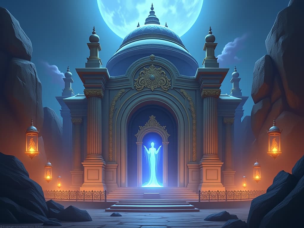  sacred temple with glowing barriers, ornate designs, ethereal guardians, shimmering light flow, divine protection. the style is digital art illustration,highly detailed, whimsical,magical, dreamlike atmosphere, realism and fantasy blend, smooth, glossy textures,luminous quality, wonder and enchantment.