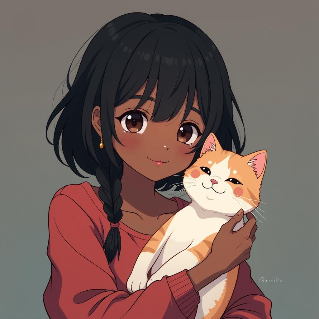  a black girl holding a cat . in anime style