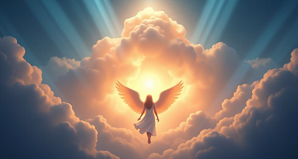  a celestial scene with a luminous, glowing cloud formation, ethereal light beams shining down, and an angelic figure with outstretched wings, the atmosphere serene and reverent. the style is digital art illustration,highly detailed, whimsical,magical, dreamlike atmosphere, realism and fantasy blend, smooth, glossy textures,luminous quality, wonder and enchantment.