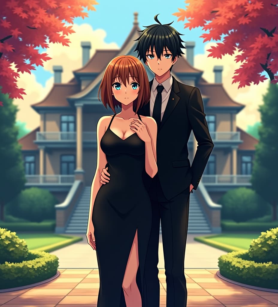  **foreground:** **uraraka** stands at the center, dressed in an elegant yet slightly provocative black dress (like the one from her lessons), symbolizing her transformation into her new role. her posture is both confident and slightly hesitant, reflecting her inner conflict. **izuku** stands slightly behind and to the side of her, dressed in a sharp, black suit. his arm is loosely around her waist, symbolizing both protection and the subtle claim he has over her. his expression is calm, but his eyes convey a sense of admiration and strength. **the wedding rings** on their fingers are subtly visible, hinting at their arranged marriage and the bond that forms between them. **background:** a **lavish mansion** looms in the background,