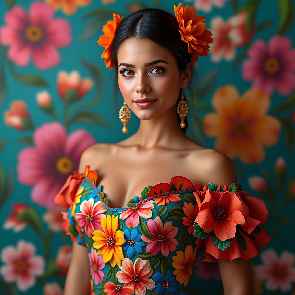  hyperrealistic art a portrait photo of a woman in a colorful mexican flower dress. very colorful background. flower on background. frontal photo . extremely high resolution details, photographic, realism pushed to extreme, fine texture, incredibly lifelike